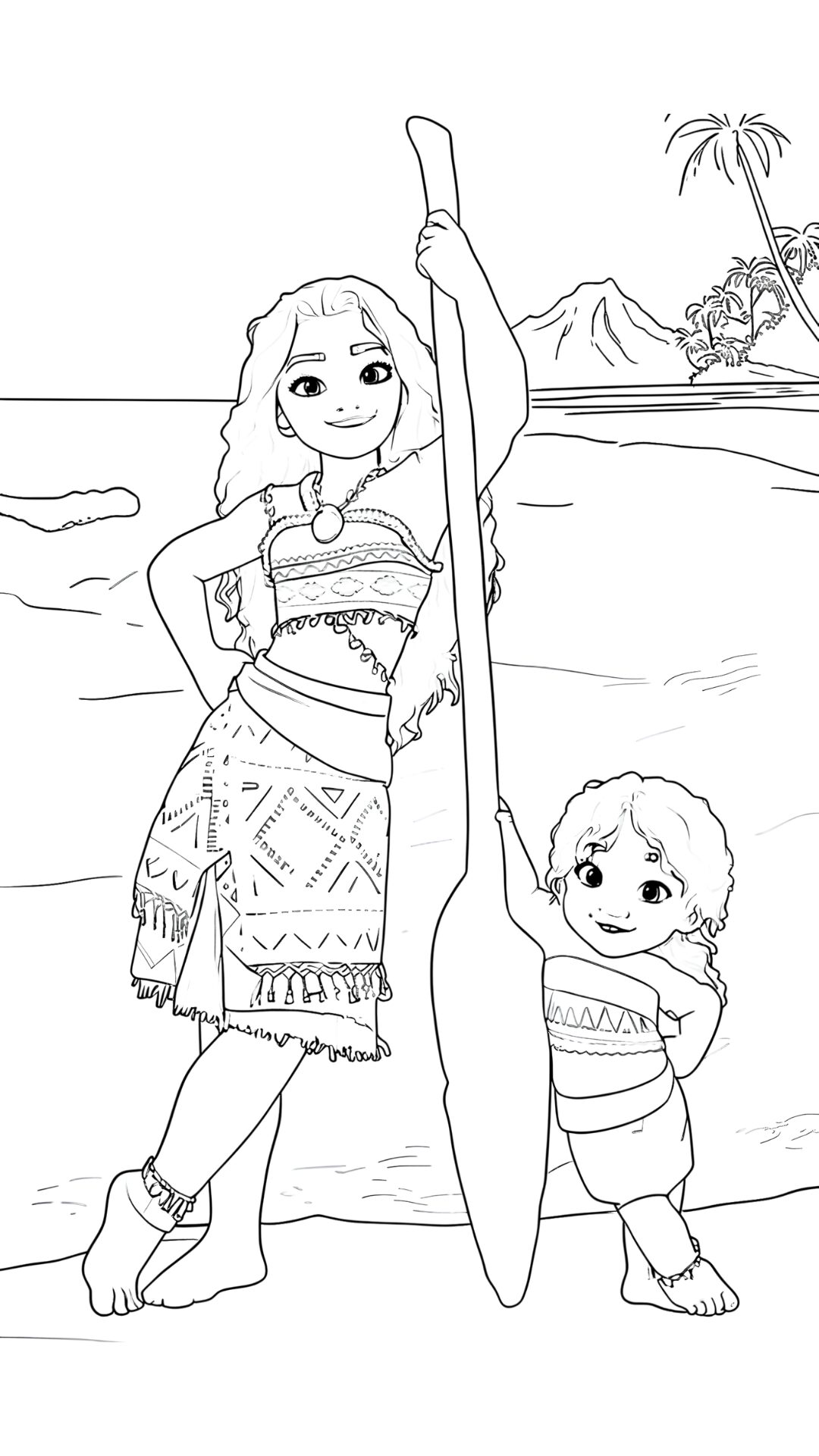 Moana coloring page with adult Moana and baby Moana