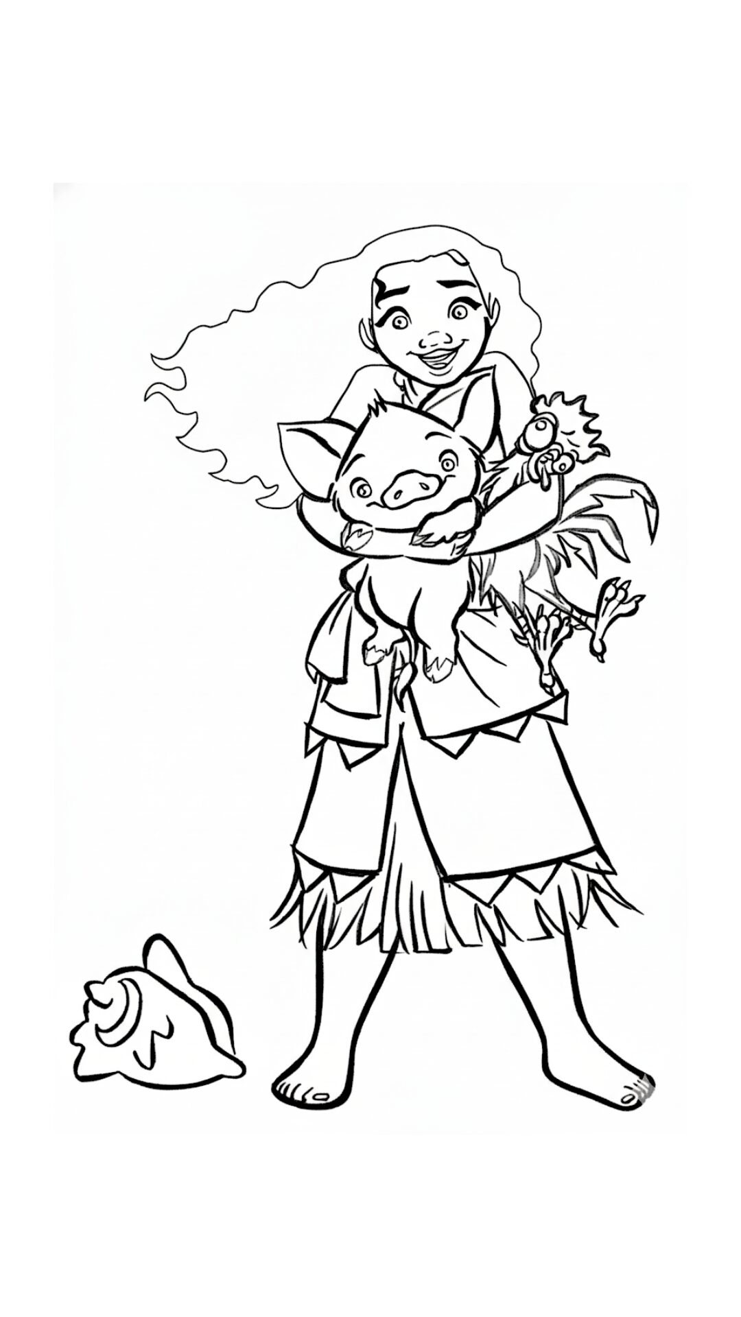 Moana coloring page where Moana hugs Pua and Heihei