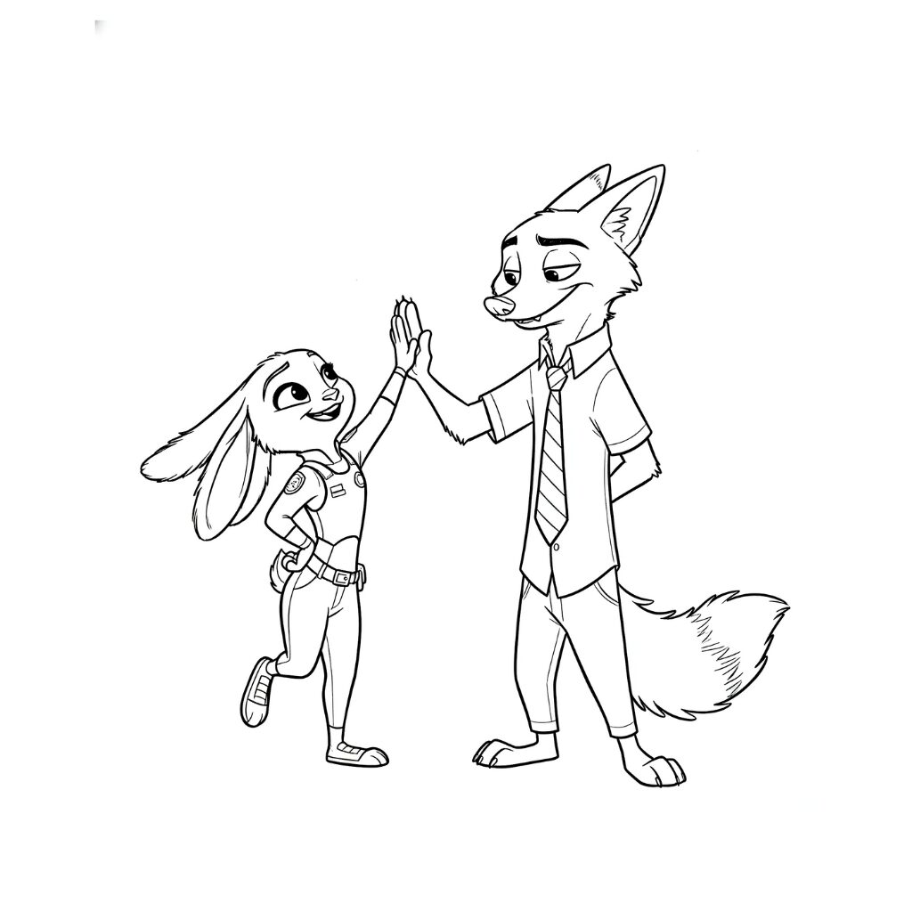 Nick and Judy giving each other a high-five coloring page