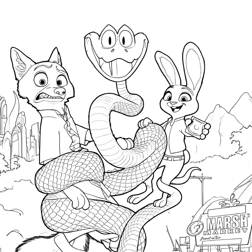 Nick and Judy being held by a huge snake named Gary